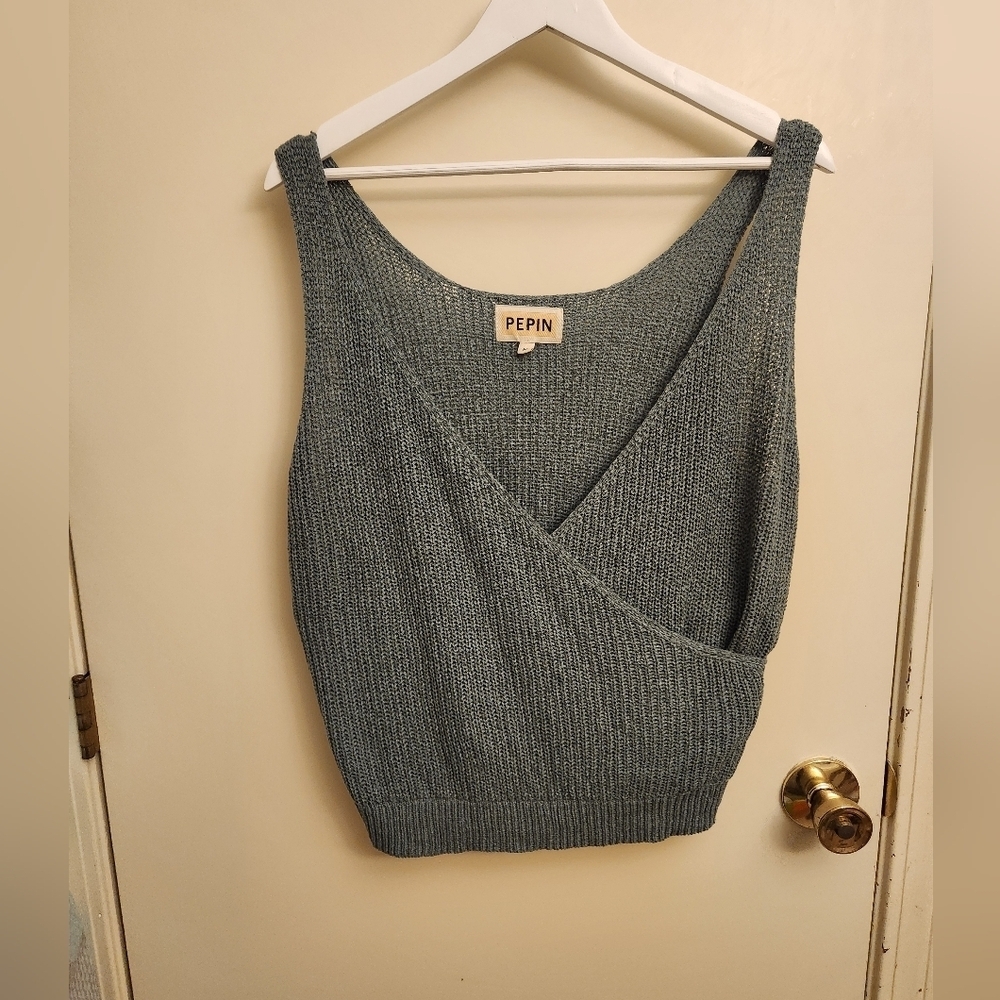 PEPIN Anthropolgie Chunky Knit Faux Wrap Tank Top Blue green Size medium